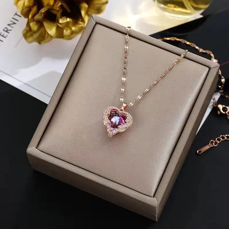Top Luxus Bunte Kristall Ozean Herz Anhänger Halskette Für Frauen Trendy 316L Edelstahl Schmuck Weibliche Hochzeit Hals Kette