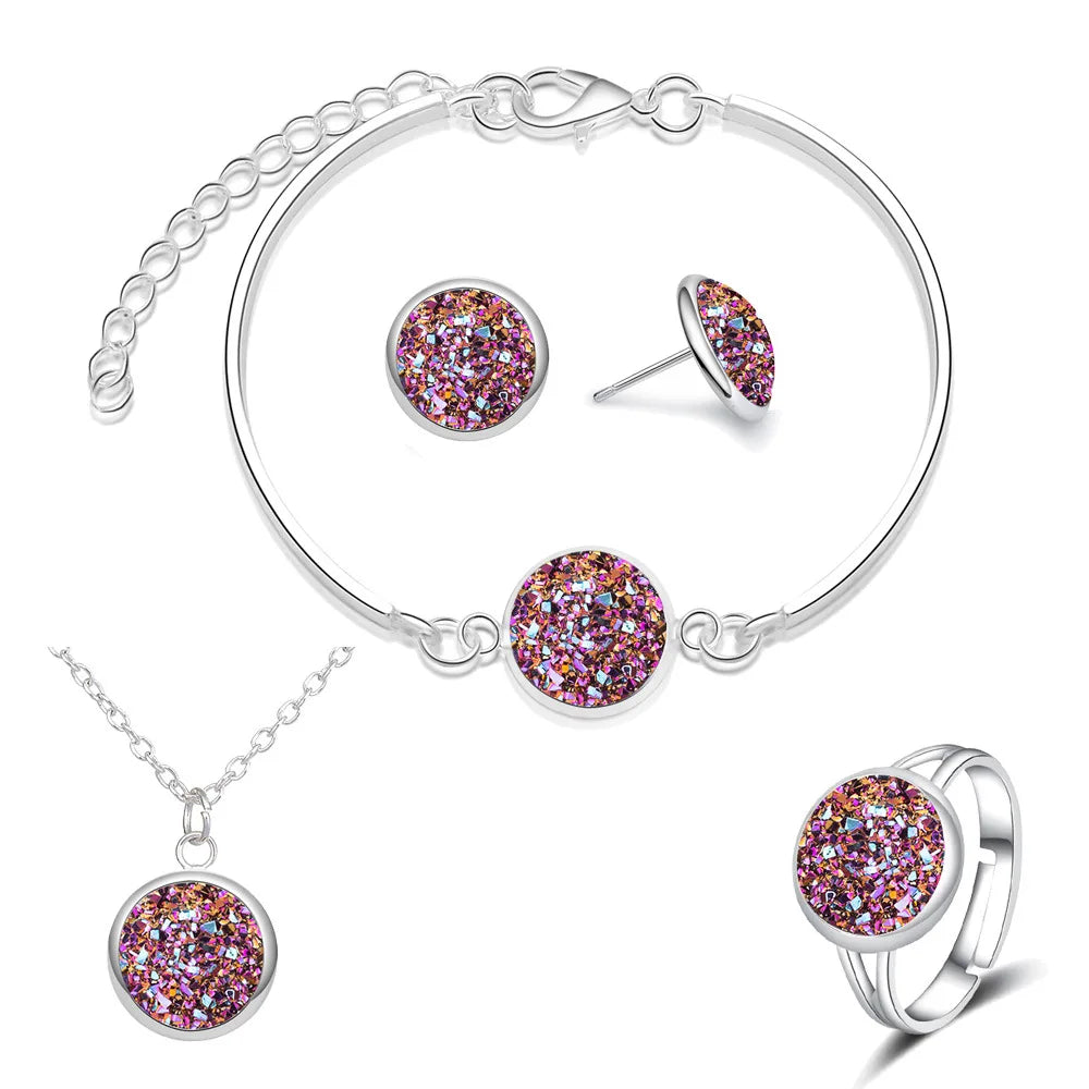 Luxuriöses Quartz-Strass-Schmuckset für Frauen, einfache runde Ohrringe, Halsketten-Set, Brautschmuck, 4-teilig, versilberter Schmuck