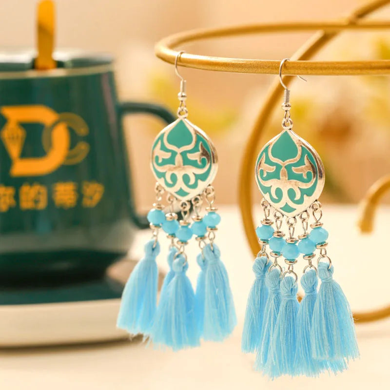 Vintage Ethnische Bunte Quaste Ohrringe für Frauen Elegante Pfirsich Herz Kristall Legierung Ohrring Party Hochzeit Täglichen Schmuck