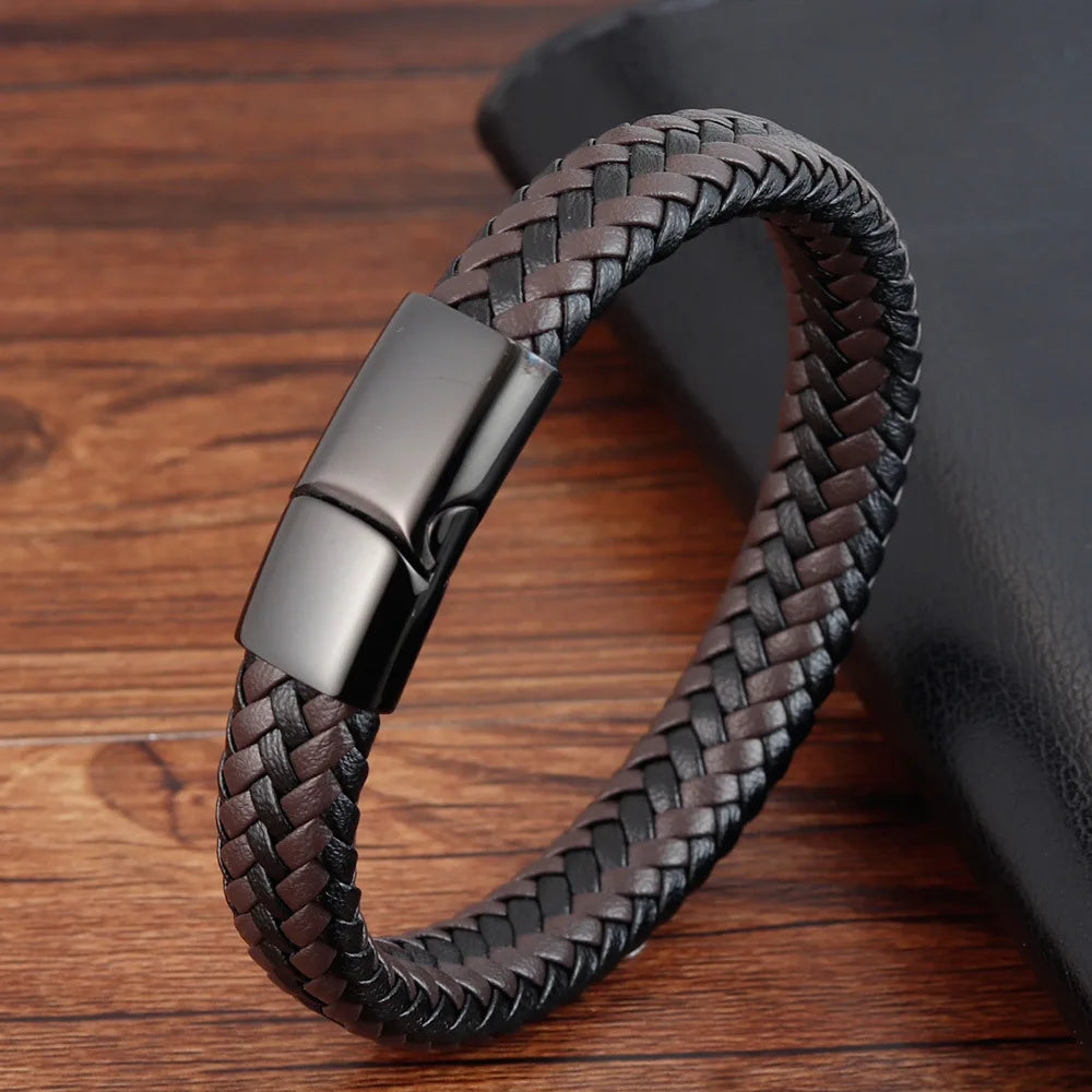 MKENDN Punk Männer Geflochtene Echte Schwarz Kaffee Leder Armband Schwarz Edelstahl Magnetische Schnalle Armband Geschenke Homme Pulsera