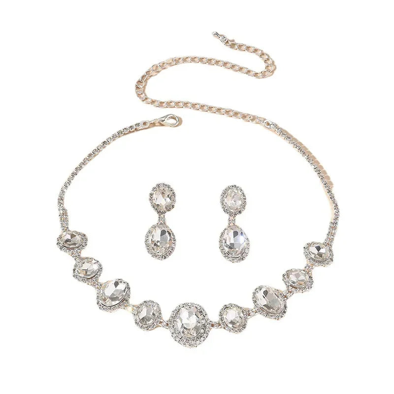 Neues funkelndes Volldiamant-Kristall-Ohrring-Halsketten-Set für Braut und Hochzeit, einfaches, vielseitiges Schmuckzubehör-Paar