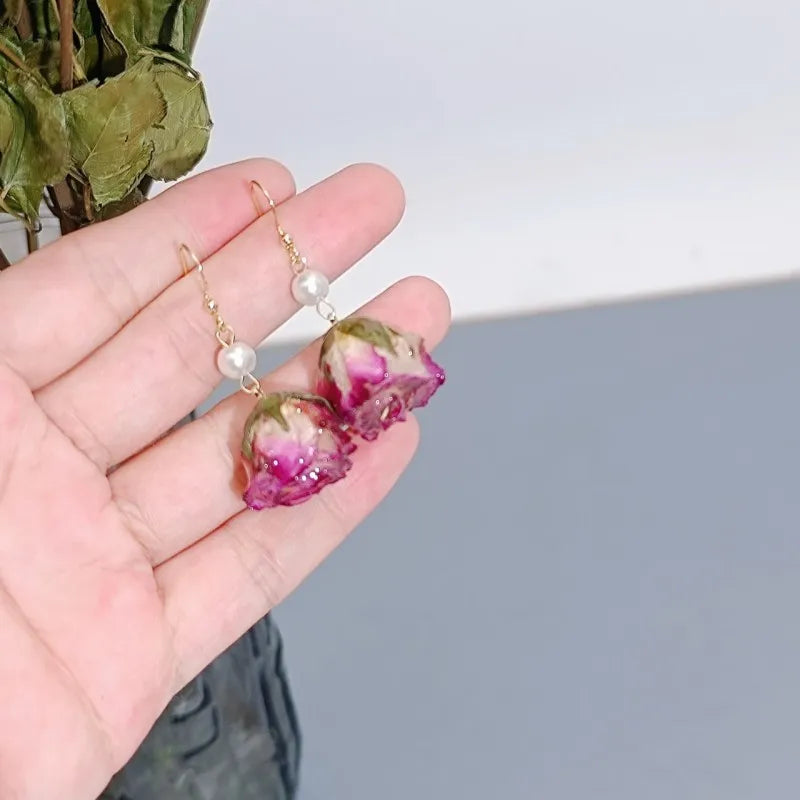 Einzigartige getrocknete Blumenohrringe, elegante natürliche Rose, Blumenperle, Quaste, lange Ohrringe, Epoxidharz, Rosenohrringe, Schmuck im Großhandel