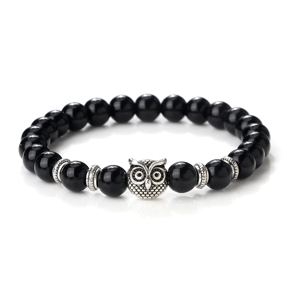 Natürliche Stein Perlen Eule Armbänder Malachit Rock Lava Armreifen Charme Strang Elastische Energie Yoga Buddha Schmuck Für Frauen Männer