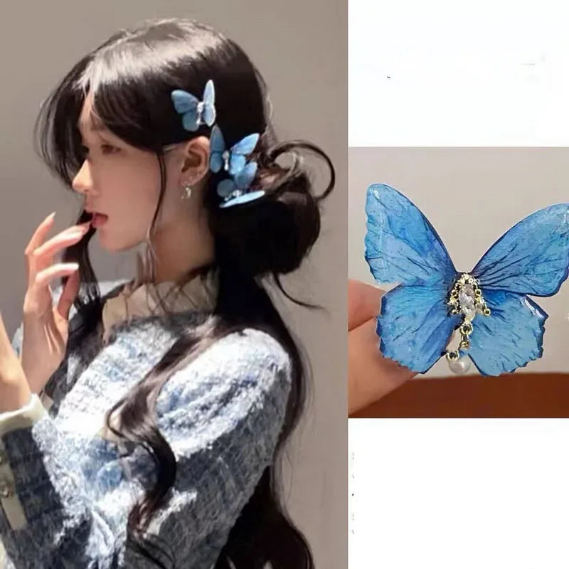 2024 Retro-Schmetterlings-Haarspange für Frauen, niedliche blaue Schleife, Haarspange für Mädchen, Perlen-Haarspangen, rosa Haarnadel, Hanfu-Haar-Accessoire