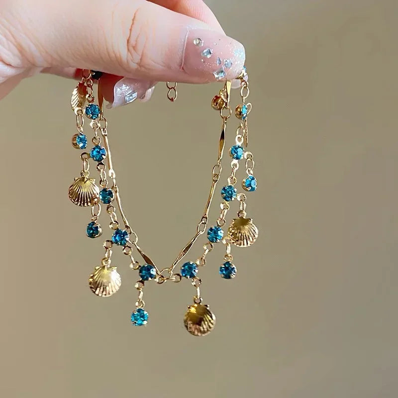 Elegante Gold Farbe Kette Shell Blau Schmuck Set Kristall Quasten Halsband Halskette Armband für Frauen Hochzeit Schmuck Geburtstag Geschenk
