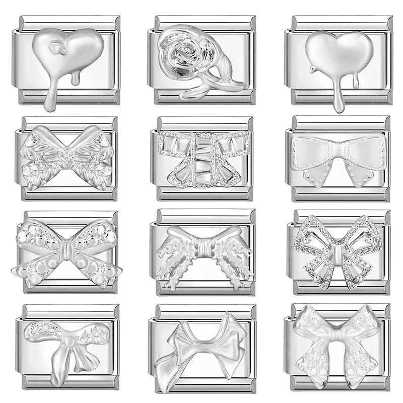 Y2K Schleife Knoten Herz Rose Blumen Schmetterling 3D schlichtes Design italienische Charm Links passen 9MM Edelstahl Armband Frauen DIY machen