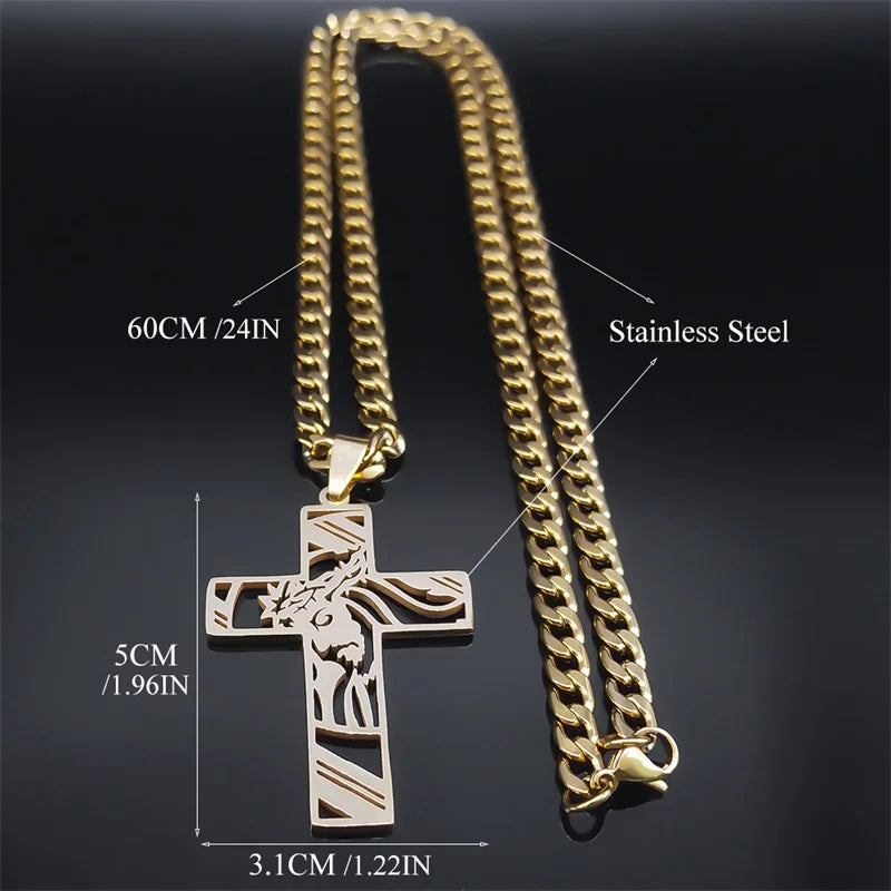 Hip Hop Punk Krone der Dornen Jesus Kreuz Halskette für Männer Edelstahl Vergoldet Kruzifix Anhänger Halsketten Schmuck N8052