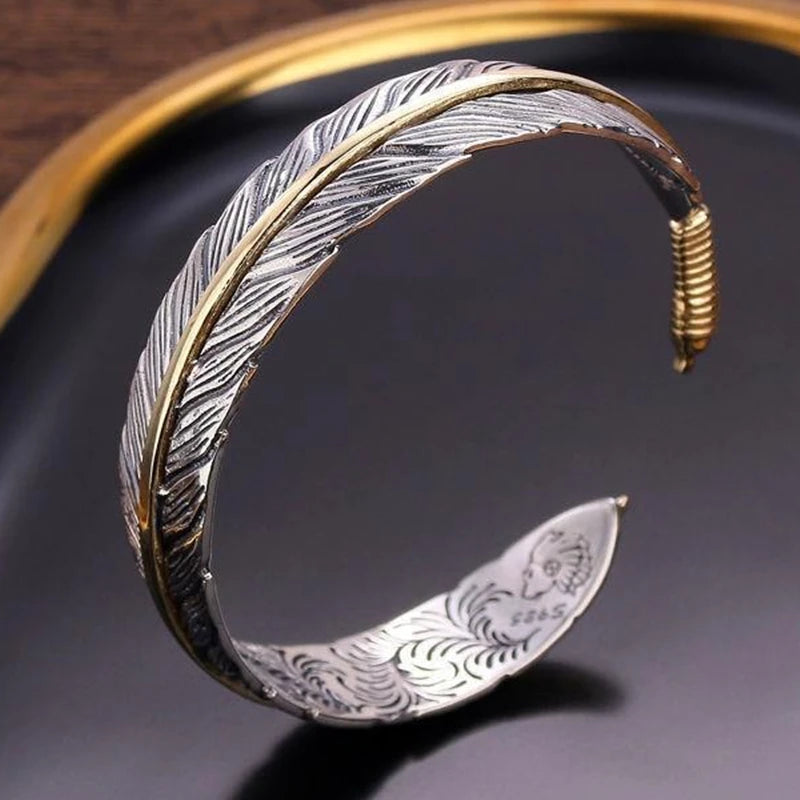 Silberfarbenes Feder-Manschettenarmband für Männer und Frauen, Vintage-verstellbares Armband, Armreif, Modeschmuck
