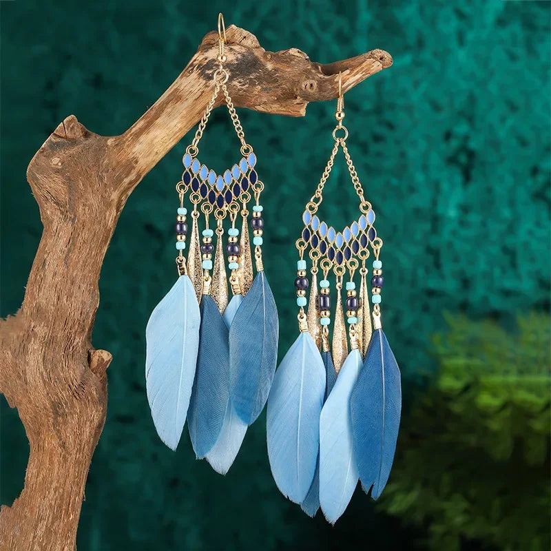Bohemian Ethnische Feder Baumeln Ohrringe Für Frauen Trendy Lange Quaste Bunte Perlen Tropfen Ohrringe Mädchen Weibliche Boho Schmuck