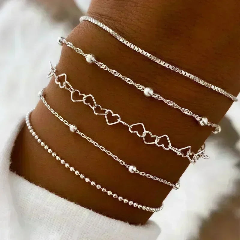 5 teile/satz Mode Silber Farbe Herz Perlen Kette Armbänder für Frauen trend ige geometrische Armbänder Set Party Schmuck Accessoires