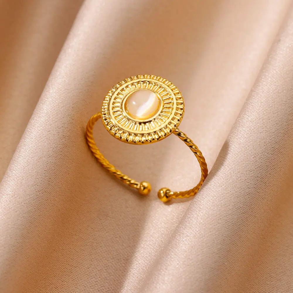 Gold Farbe Edelstahl Shell Ringe Für Frauen Vintage Oval Blau Stein Einstellbare Ring Fashion Party Schmuck Jahrestag Geschenk