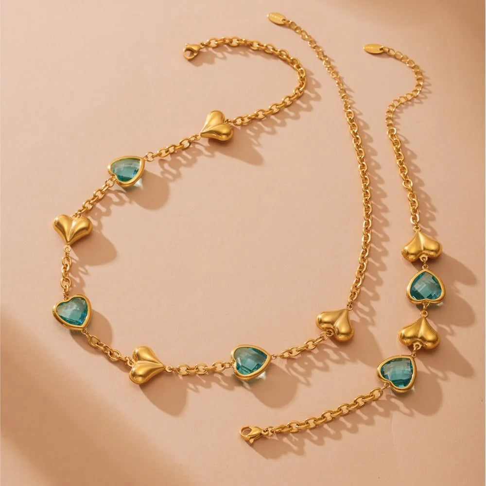 Edelstahl-Halskette, Armbänder, Ohrringe für Frauen, 6 Farben, Herz, facettierte tschechische Glas-Halsketten, Armband, baumelnde Ohrringe-Set