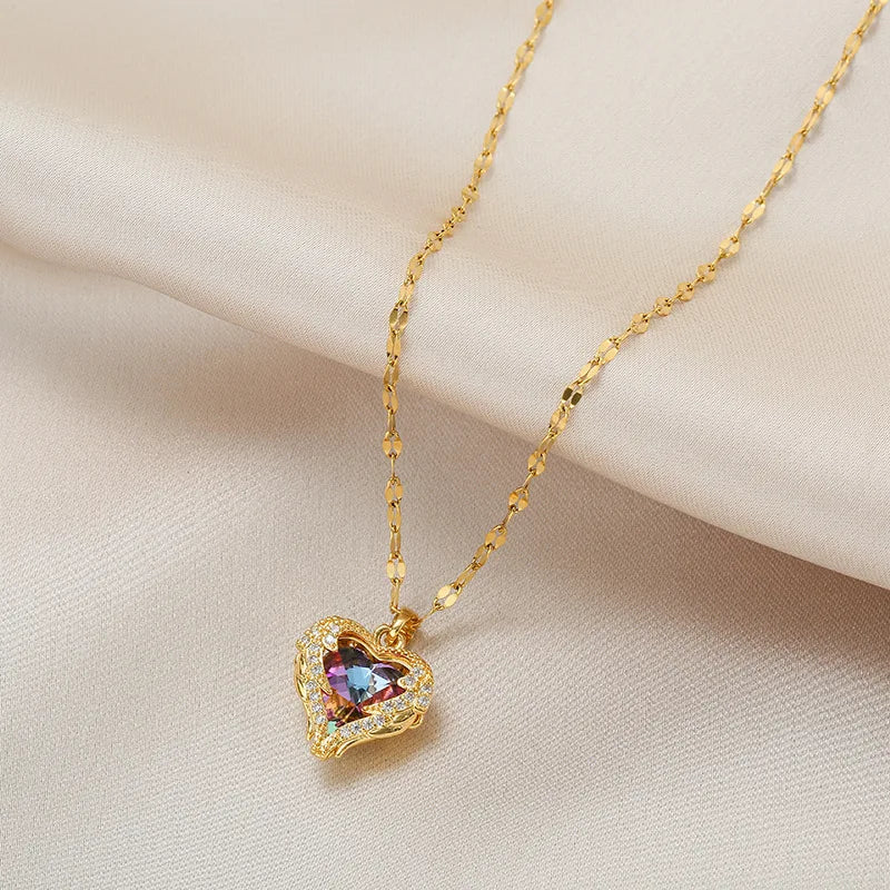 Top Luxus Bunte Kristall Ozean Herz Anhänger Halskette Für Frauen Trendy 316L Edelstahl Schmuck Weibliche Hochzeit Hals Kette