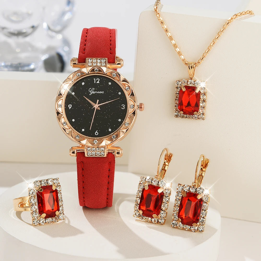 Damenuhren 5-teiliges Set Luxus Strass Damenmode Elegante Armbanduhr Quarzuhr für Mädchen Armbanduhr Armband Geschenk