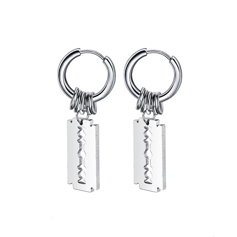 1 paar/2Pcs Klinge Kette Quaste Anhänger Ohr Clip/Schnalle Ohrringe Für Frauen Männer Edelstahl Schmerzlos hip Hop Gothic Pop Schmuck