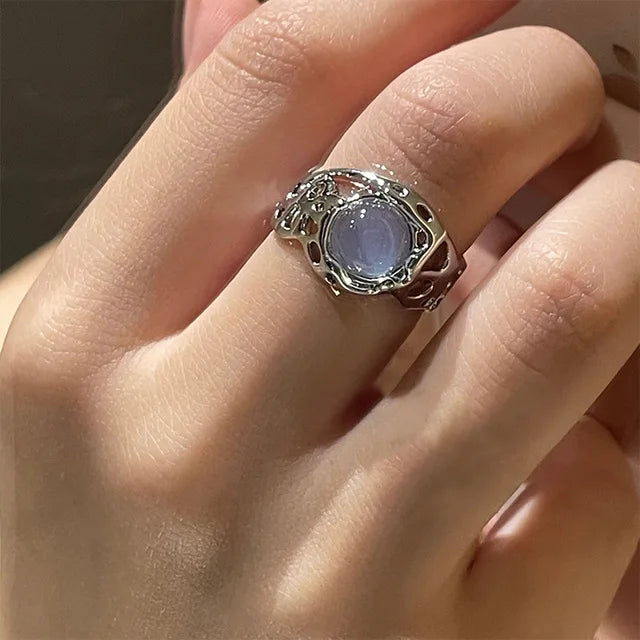 Herz Offene Ringe für Frauen Korea Geometrische Kristall Mondstein Gothic Finger Ring Y2K Zubehör Trendy Ästhetischen Schmuck Geschenk
