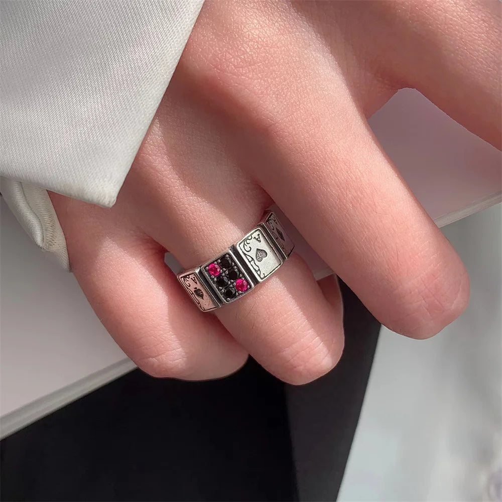 Punk Spade A Poker Ringe Designer Spades Karten Kristall Offenen Ring Für Frauen Männer Retro Splitter Breite Manschette Finger Ringe Party Jewerly