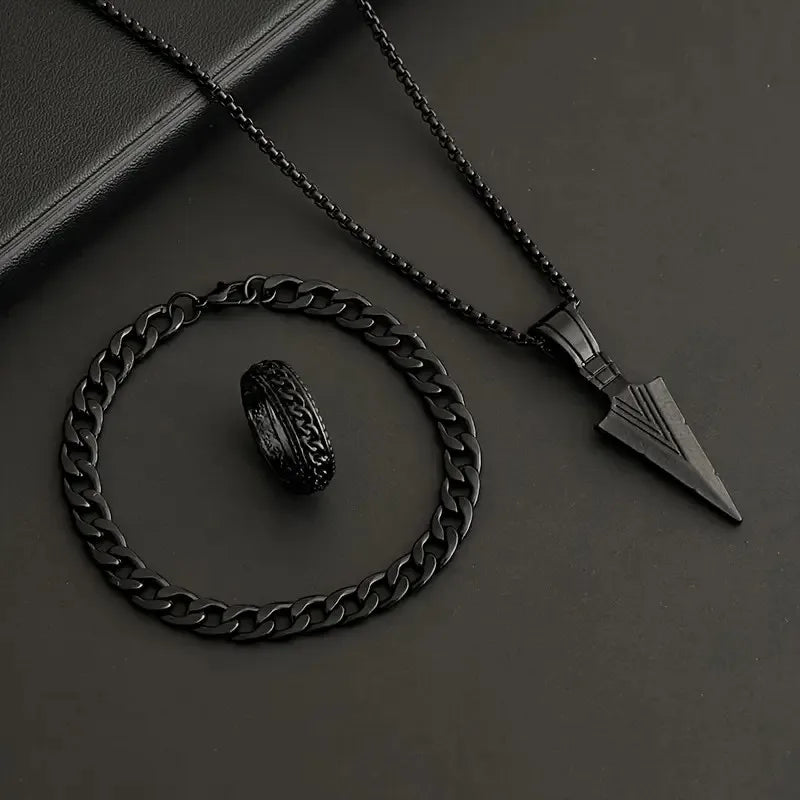 3-teiliges Set Pfeil-Schmuckset, Punk-Hip-Hop-Kette, Armband, Ring, Halskette für Damen und Herren, cooler Stil, Party-Schmuck, Geschenke