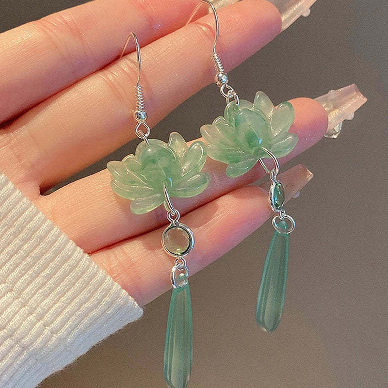 1 Paar Lotus Anhänger Quaste Ohrringe im chinesischen Stil für Frauen Mädchen klassische Retro elegante lange Tropfen Ohrringe Schmuck Geschenke