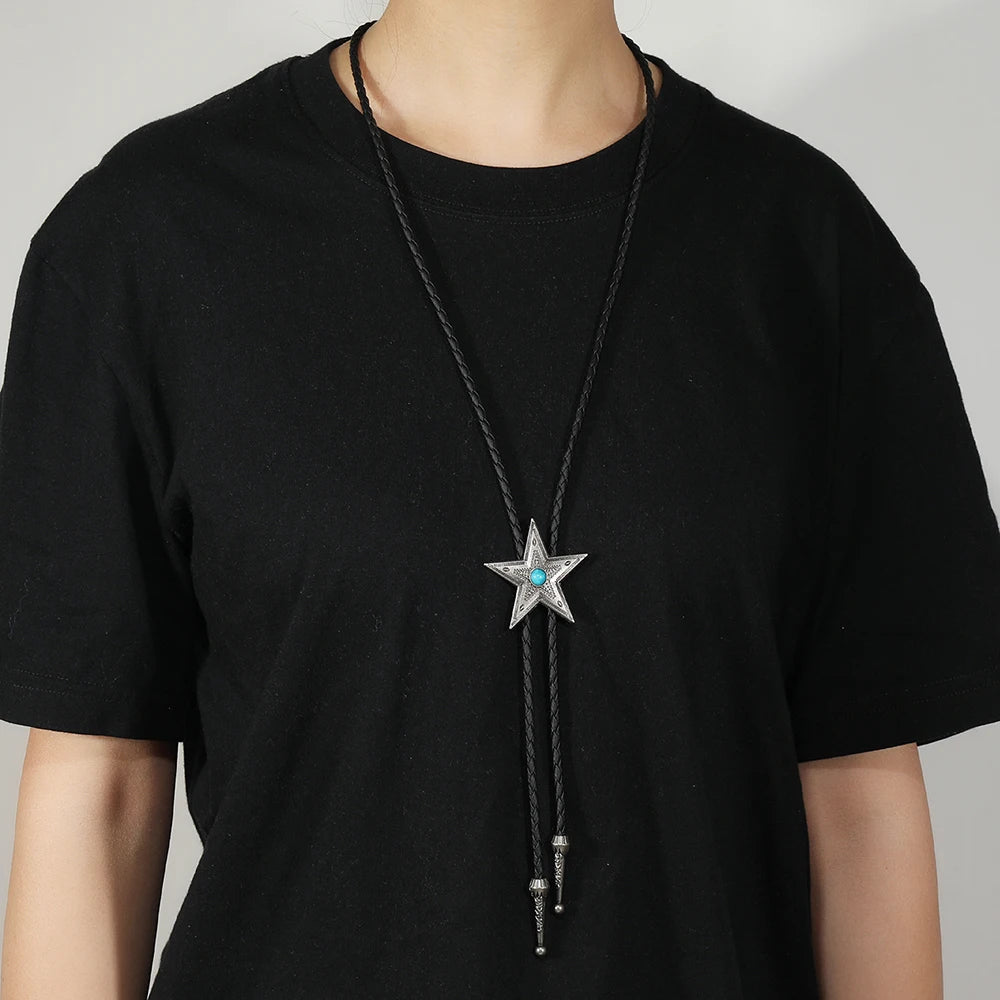 Vintage Lederkette Bolo-Krawatte für Herren, Western-Cowboy-Krawatte, Bolo-Krawatte für Hemd, modische Stern-lange Halskette