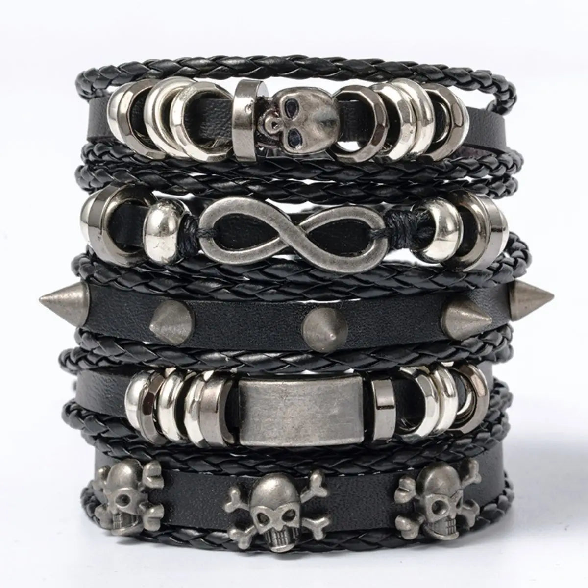 5-teiliges DIY-Armband-Set aus geflochtenem Metall im Punk-Stil, mit Pu-Leder und Perlen