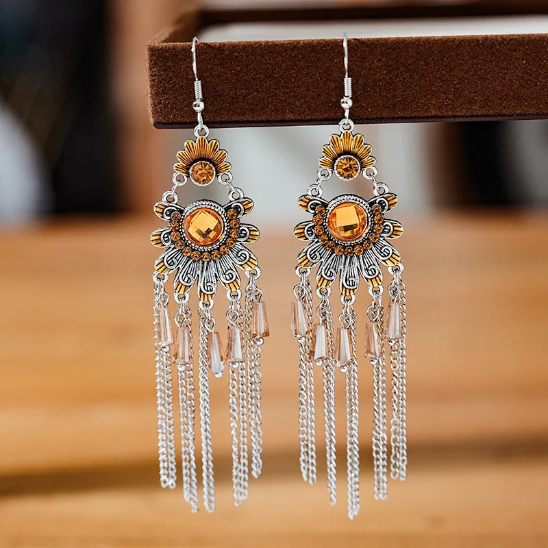 Vintage Ethnische Bunte Kristall Baumeln Ohrringe für Frauen Klassische Strand Kette Quaste Tropfen Ohrring Weibliche Pendiente Bijoux
