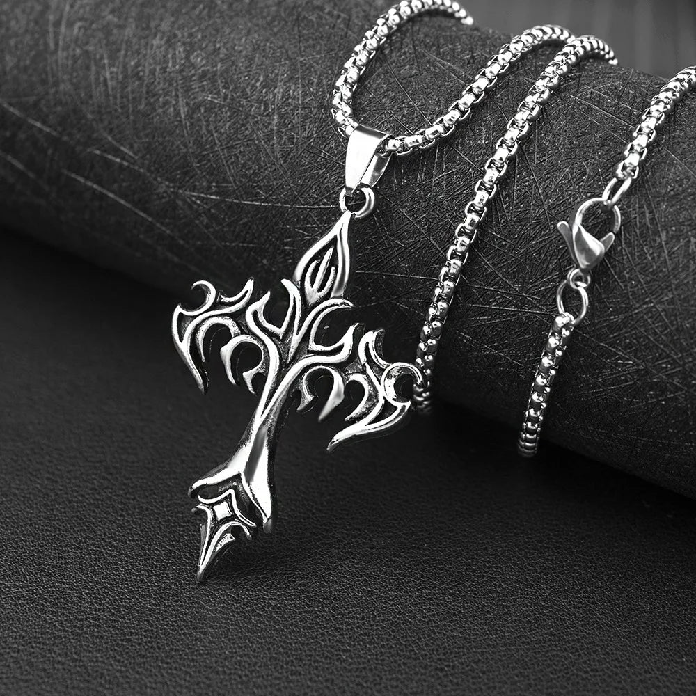 Hip Hop Flamme Kreuz Anhänger Halskette Edelstahl Minimalistischen Schmuck Für Männer Retro Mode Unisex Geschenk Paar Zubehör