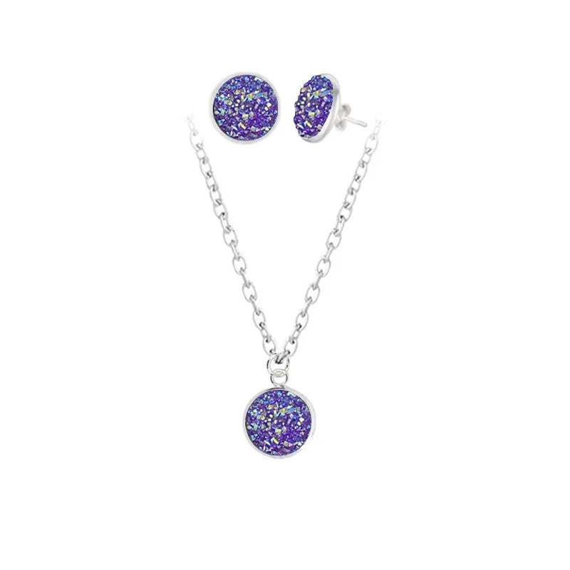 Mode Drusy Runde Anhänger Halskette Ohrringe Schmuck Sets für Frauen Anti allergie Bling Stud Ohrringe Sets Frauen Party Halskette