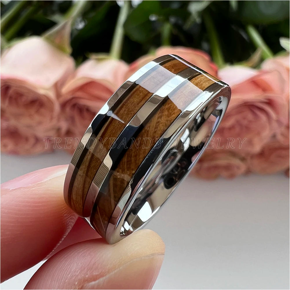 8 mm Herren- und Damenring, Wolfram-Ehering, Paar-Modeschmuck, Whiskyfass, Holzeinlage, poliert, glänzend, bequeme Passform
