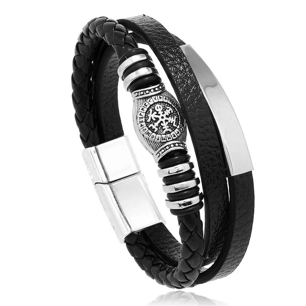 Trendige Lederarmbänder für Männer, Edelstahlarmband, 21 cm, mehrschichtige geflochtene Seilarmbänder für männliche Schmuckgeschenke