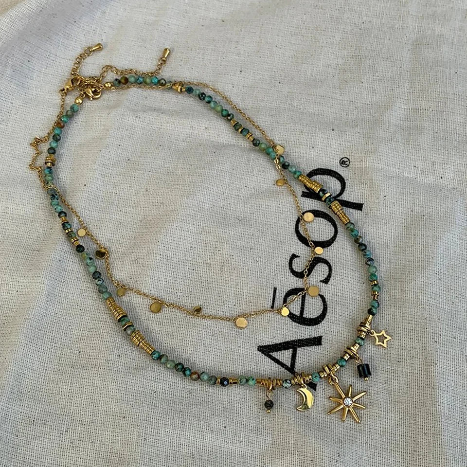 ZAKOL Vintage Böhmischen Stil Stein Perlen Halskette für Frauen Charme Mang Stern Anhänger Gestapelt Schlüsselbein Kette Mode Schmuck Geschenke