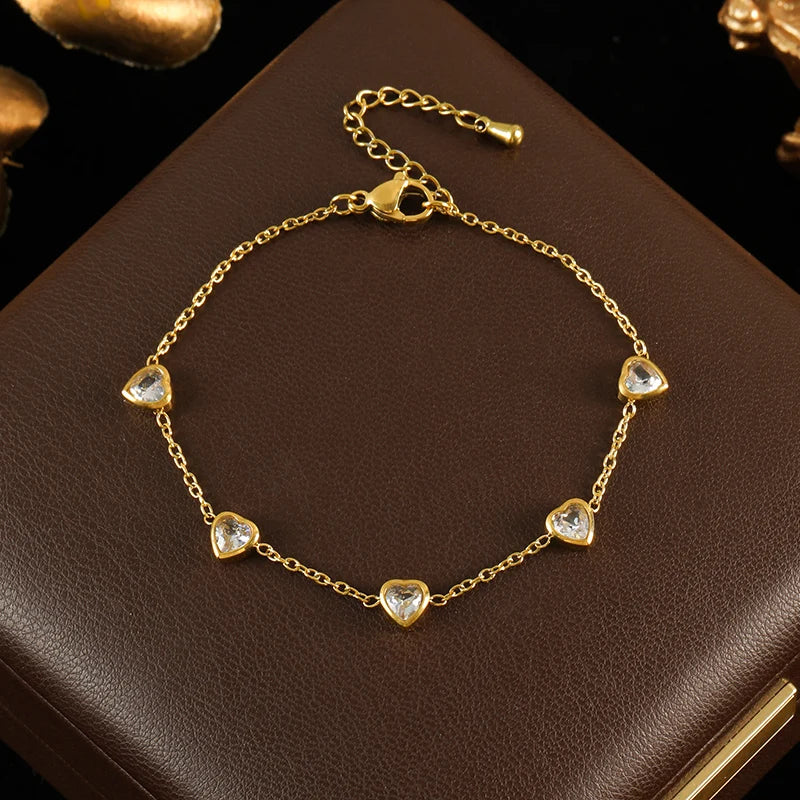 GANEMLY 316L Edelstahl Glänzende Herz Zirkon Halskette Armband Ohrringe Set Für Frauen Mode Luxus Wasserdicht Schmuck Set