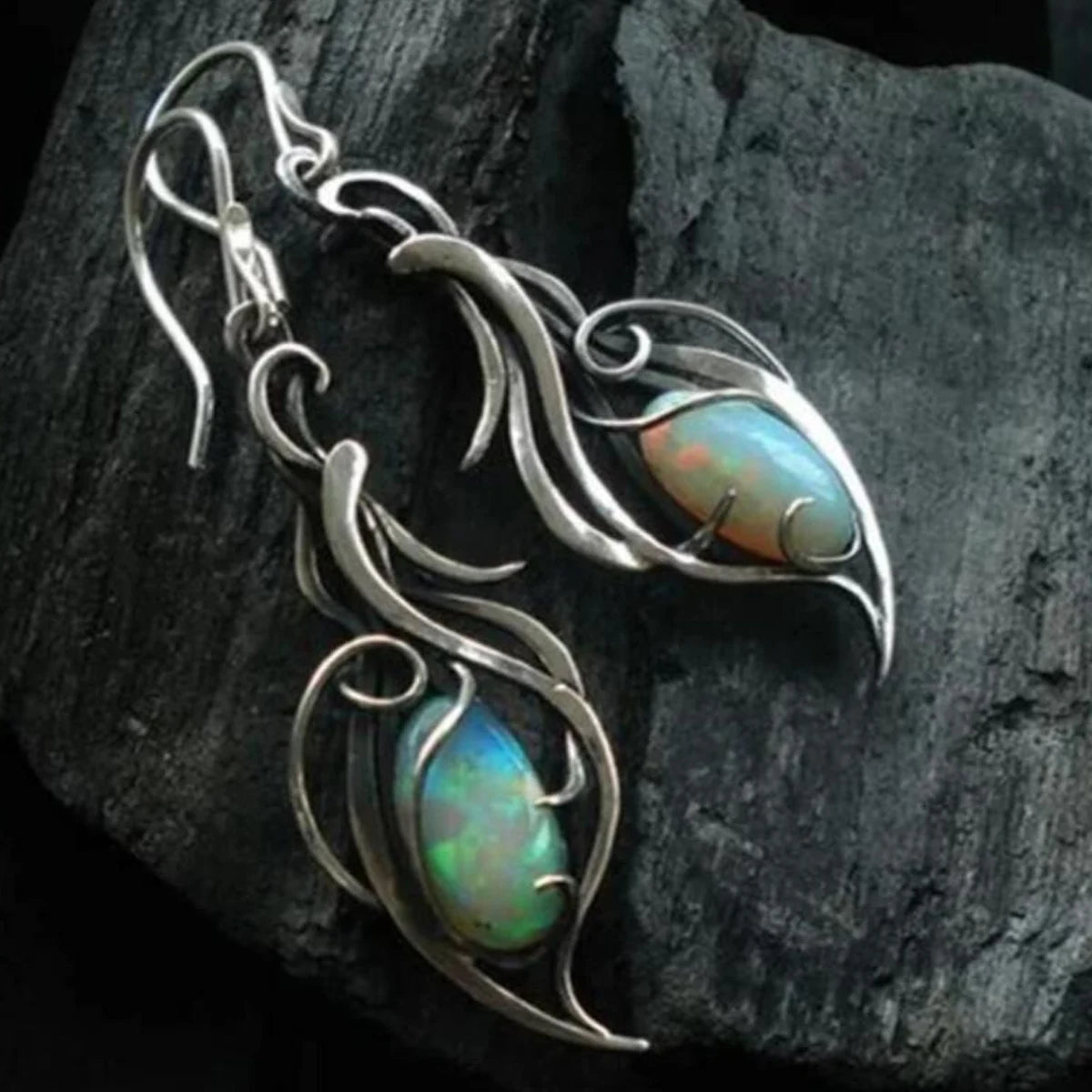 1 Paar silberfarbene Ohrringe mit böhmischem Opal-Anhänger, eleganter Schmuck, geeignet für Festivals und besondere Anlässe