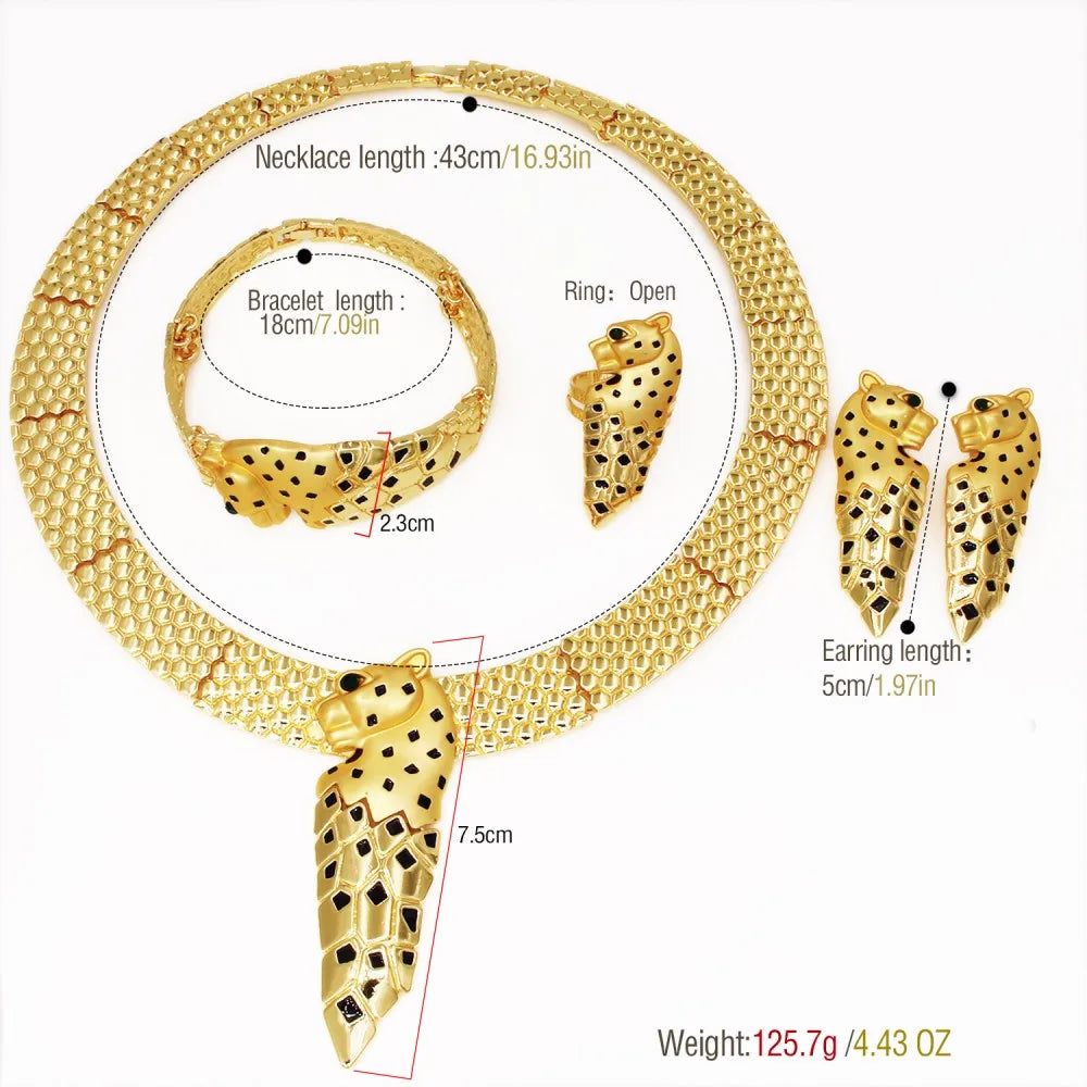 GZJPEI Übertreiben Sie großes Schmuckset, afrikanische Goldfarbe, Leoparden-Halskette, Armband, schicker großer Ohrring, Ring, Mode, Party-Geschenk