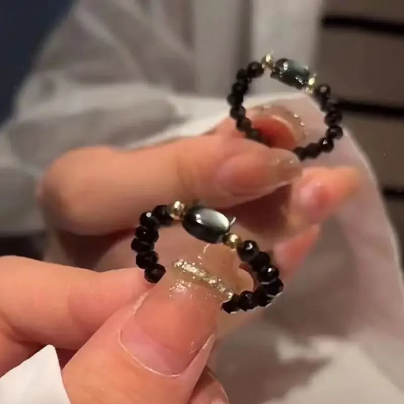 Paar Mondstein Ringe natürliche Obsidian Perlen süße schwarz weiß Mini Katze handgemachte minimalistische elastische Schnur Frauen Männer Schmuck