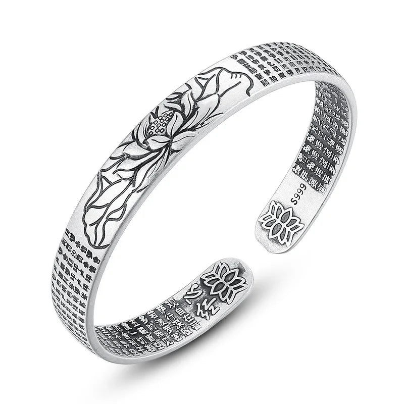 Vintage Silber Sterling Silber Armband großes Mitgefühl Mantra Lotus Herz Sutra Sutra Glück Armband Männer Frauen Schmuck