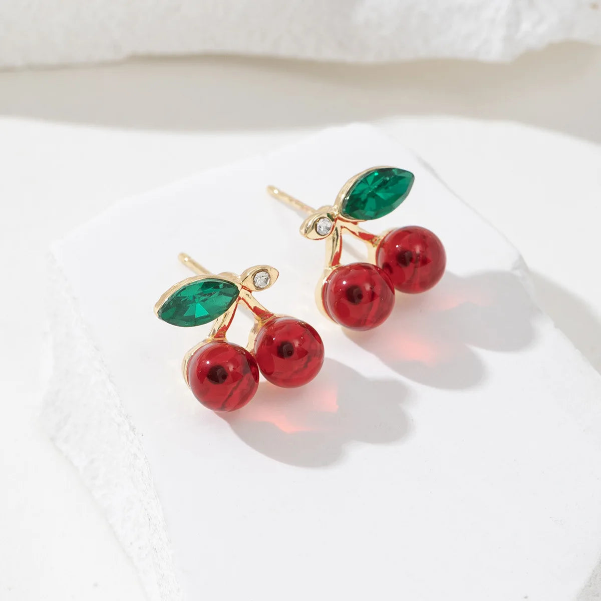 Neue süße rote Harzkirsche mit glänzendem Zirkonia-Anhänger, Ohrringe für Frauen, süßer Schmuck, Accessoires, Urlaubsgeschenke