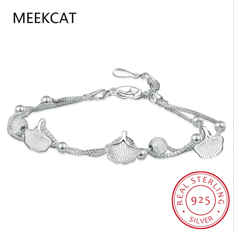 925 Sterling Silber Mode Doppelschicht Perlen Kette Ginkgo Blatt Armband Für Frauen Hochzeit Valentinstag Schmuck DB1161