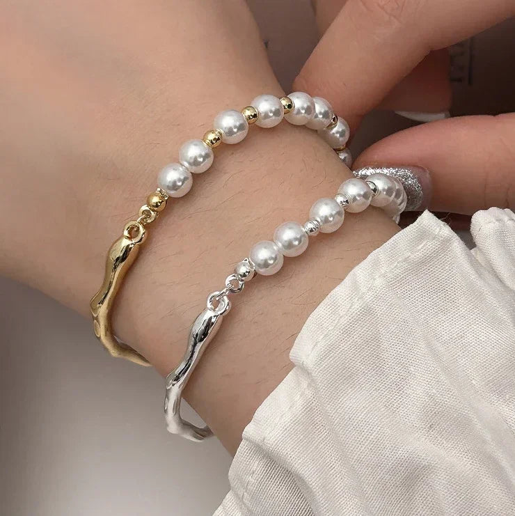Runde Armreifen aus 925er-Sterlingsilber mit Perlenperlen für Damen, trendiger, minimalistischer, geometrischer, feiner Schmuck, unregelmäßige Accessoires