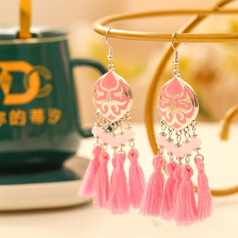 Vintage Ethnische Bunte Quaste Ohrringe für Frauen Elegante Pfirsich Herz Kristall Legierung Ohrring Party Hochzeit Täglichen Schmuck