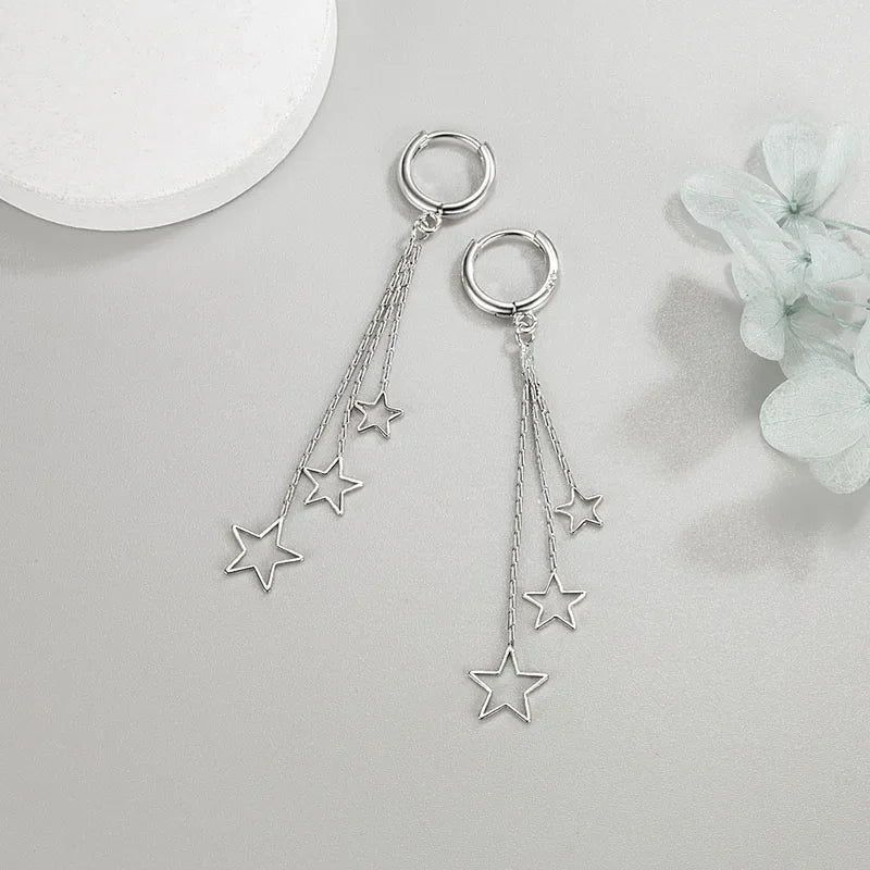 Elegante, beliebte Drei-Sterne-Creolen für Damen, 925er-Sterlingsilber, Party-Schmuck, wunderschöner langer Quasten-Ohrring, elegant