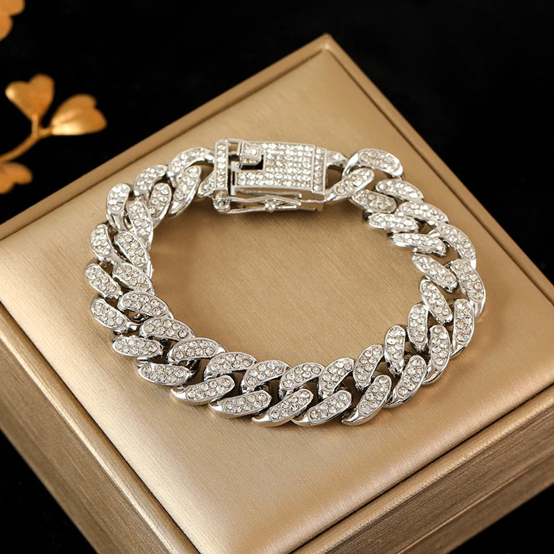 TrendMen Hiphop Rock Cuban Link Kette Armbänder Und Halsketten Für Männer Jungen Gold Farbe Metall Kristall Party Schmuck Geschenke Sets
