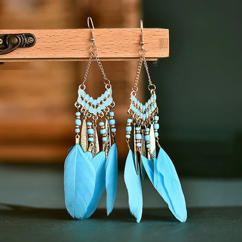 Bohemian Ethnische Feder Baumeln Ohrringe Für Frauen Trendy Lange Quaste Bunte Perlen Tropfen Ohrringe Mädchen Weibliche Boho Schmuck