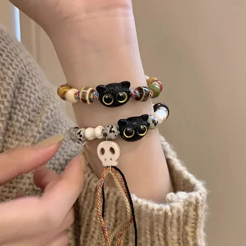 Vintage süßes großes Auge Katze Paar Armband mit Totenkopf bunte Quasten Keramik geflochtene Seil Armbänder Mode Frauen Schmuck Geschenk