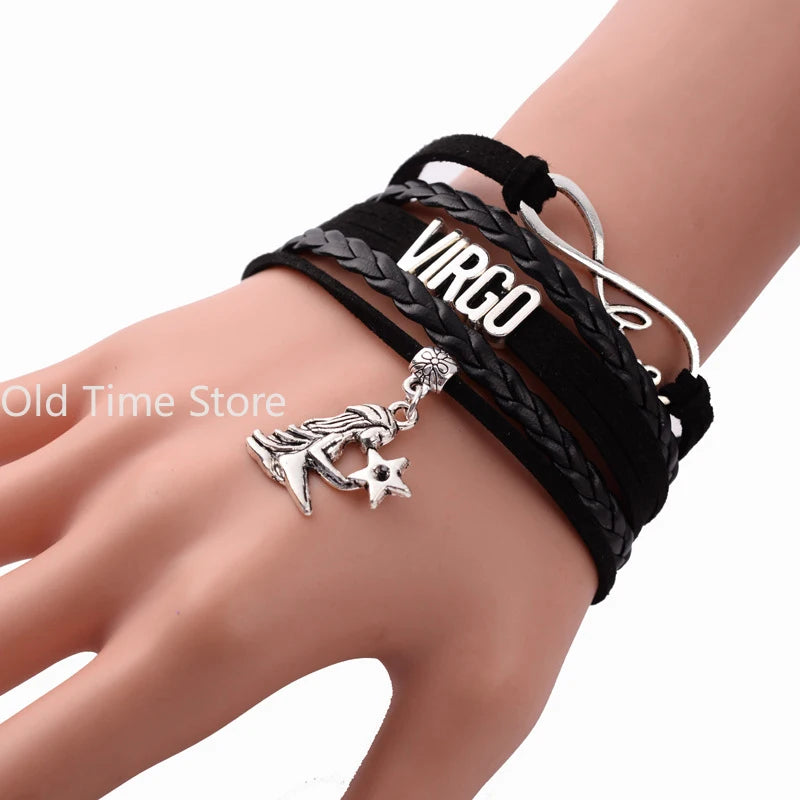 12-Sternbild-Sternzeichen, schwarzes geflochtenes Lederarmband, Krebs, Löwe, Jungfrau, Waage, gewebter Schmuck, Punk-Männer-Anhänger-Armband 2022
