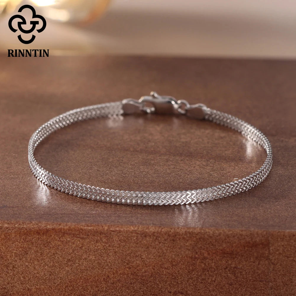 Rinntin Armbänder aus 925er-Sterlingsilber, 2,8 mm, flache Netzkette, hochwertige Armreifkette, einfache Damen- und Herren-Accessoires für den täglichen Gebrauch SB216