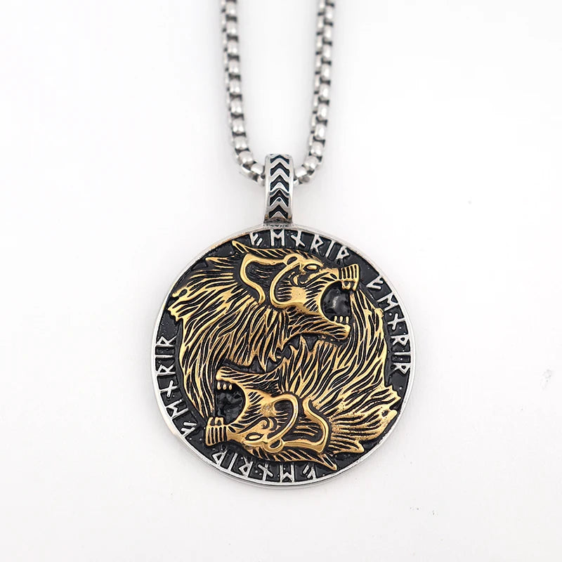 Wolf & Löwe Anhänger Halskette mit nordischen Runen Vintage Stil Wikinger Tribal Kette für Männer, Punk Biker Edelstahl Schmuck Geschenk