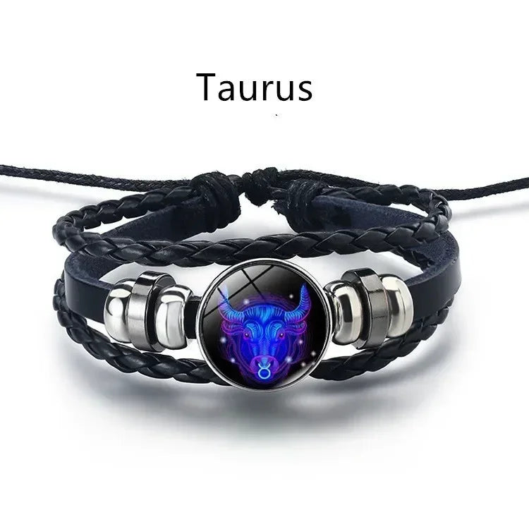 12-Sternbild-Sternzeichen, schwarzes geflochtenes Lederarmband, Krebs, Löwe, Jungfrau, Waage, gewebte Glaskuppel, Schmuck, Punk-Männerarmband