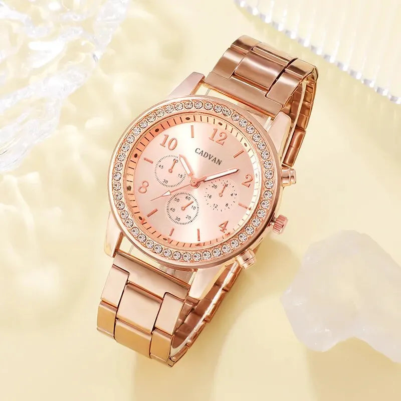 6 Stück Set Roségold Luxus uhr Damen Ring Halskette Ohrring Strass Mode Armbanduhr lässig Damen Armband Uhren
