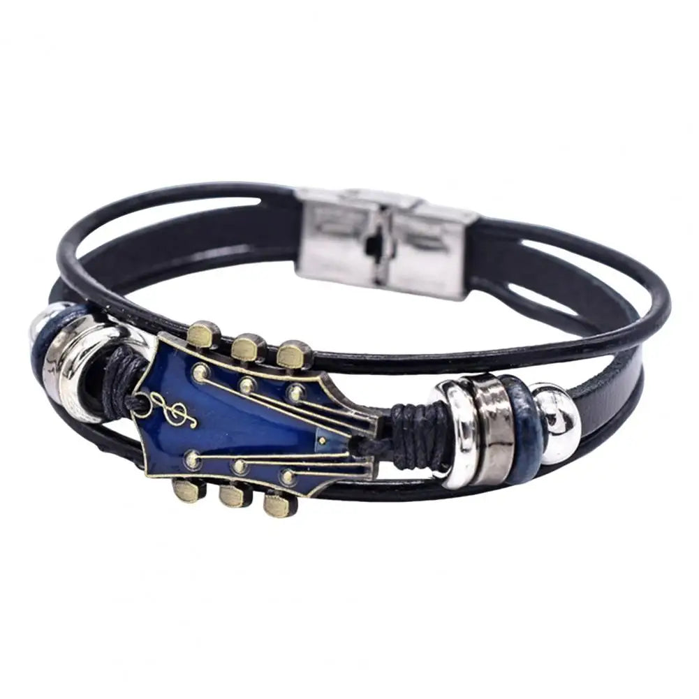 Geflochtenes Gitarrenarmband aus Zinklegierung, verstellbare Schnalle, manuell gewebtes Kunstleder, 3-lagiger Retro-Punk-Handgelenkschmuck